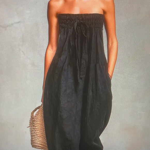Pants - Strapless Black Linen Jumpsuit - Women